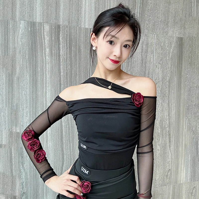 Ballroom Dance Dress Women Odd Shoulder Tops Black Skirt Flower Dance Clothes Waltz Costume Practice Competition Dress BL11938