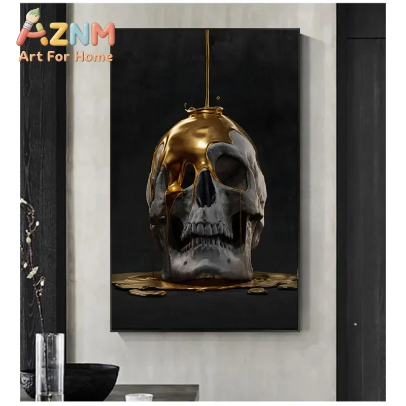 2026 Abstract Metal Skull Wall Art Black Gold Printed Canvas Posters And Prints Living Room Bedroom Home Decor Gifts