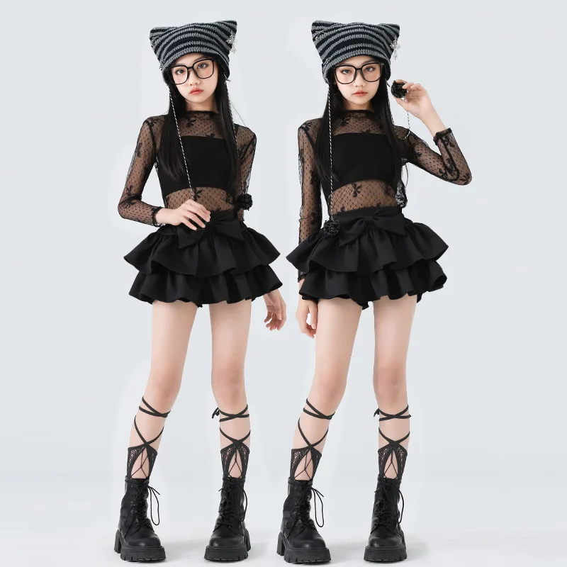Costume da ballo jazz per ragazze Top in rete di pizzo nero Gonna Catwalk Concerto Bambini Stile Kpop Abbigliamento da strada Abiti da spettacolo