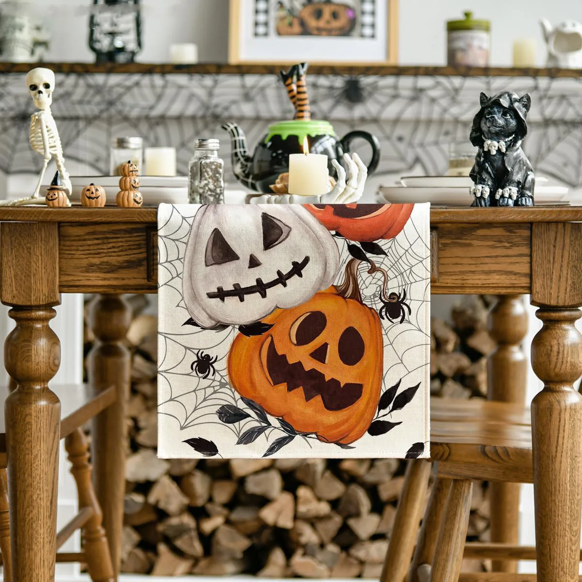 Pumpkins Spider Web Halloween Table Runner, Seasonal Fall Kitchen Dining Table Decoration for Home Party Decor