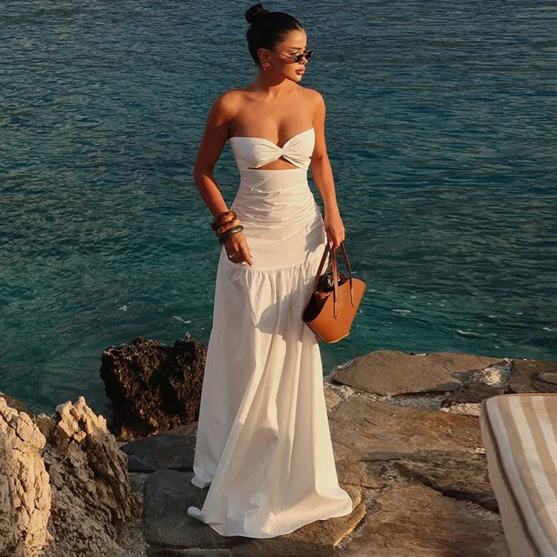 

Women's Beach Vacation Strapless Hollow Dress Solid Color Sleeveless Bodycon Maxi Dress Lady High Waist Splice 2025 New