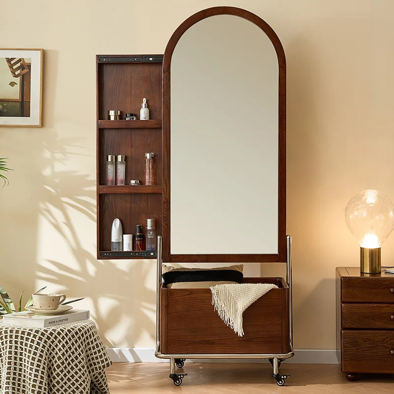 Wabi-sabi Solid Wood Coat Rack with Full Length Mirror Integrated Storage Dressing Rack for Home Homestay Hotel Bedroom