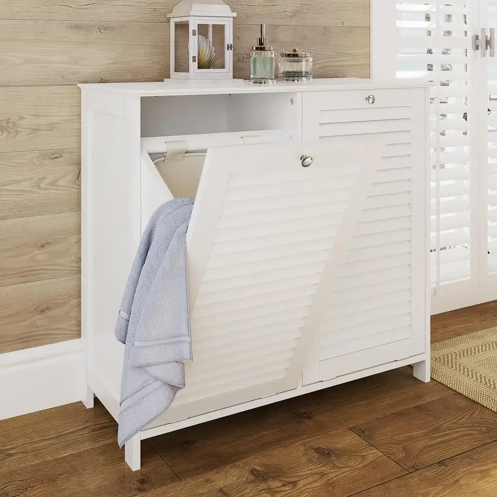 Double Tilt-Out Laundry Hamper Cabinet with Cloth Storage Bag White Removable Liner Traditional Shutter Door Design Silver Knobs