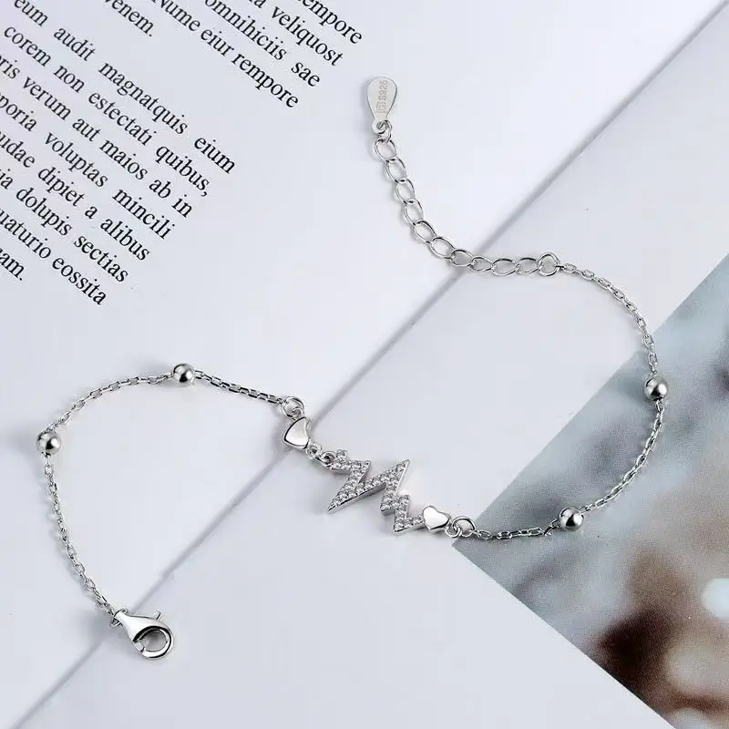 

Solid Silver S925 Bracelet with Moissand Diamond Lightning Fold Line Wave Style Women's Bracelet, Couple's Day Gift