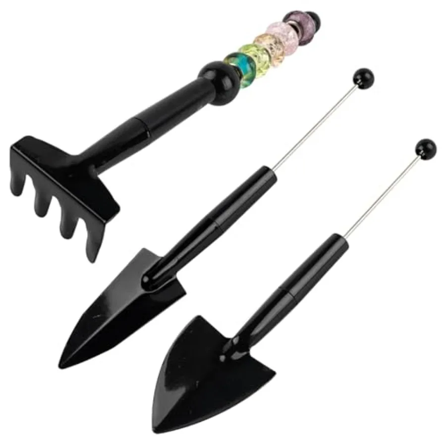 

3 Pack Beadable Garden Tools Mini Metal Shovel Rake for Plant Potted Flower in Black with Compact Design and Durable Metal Cons