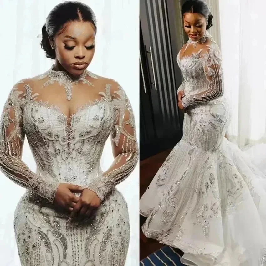 Sparkly South African Wedding Dresses Black Girls Mermaid Long Sleeves Appliques Bridal Gown Vestido De Noiva Customized