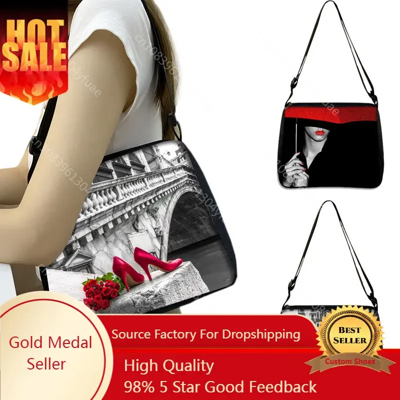 

Rose Embroidery Red&Black Series Shoulder Bags Brand Women's Bags High Quality Female Large Capaicity Handbags Messenger Bag