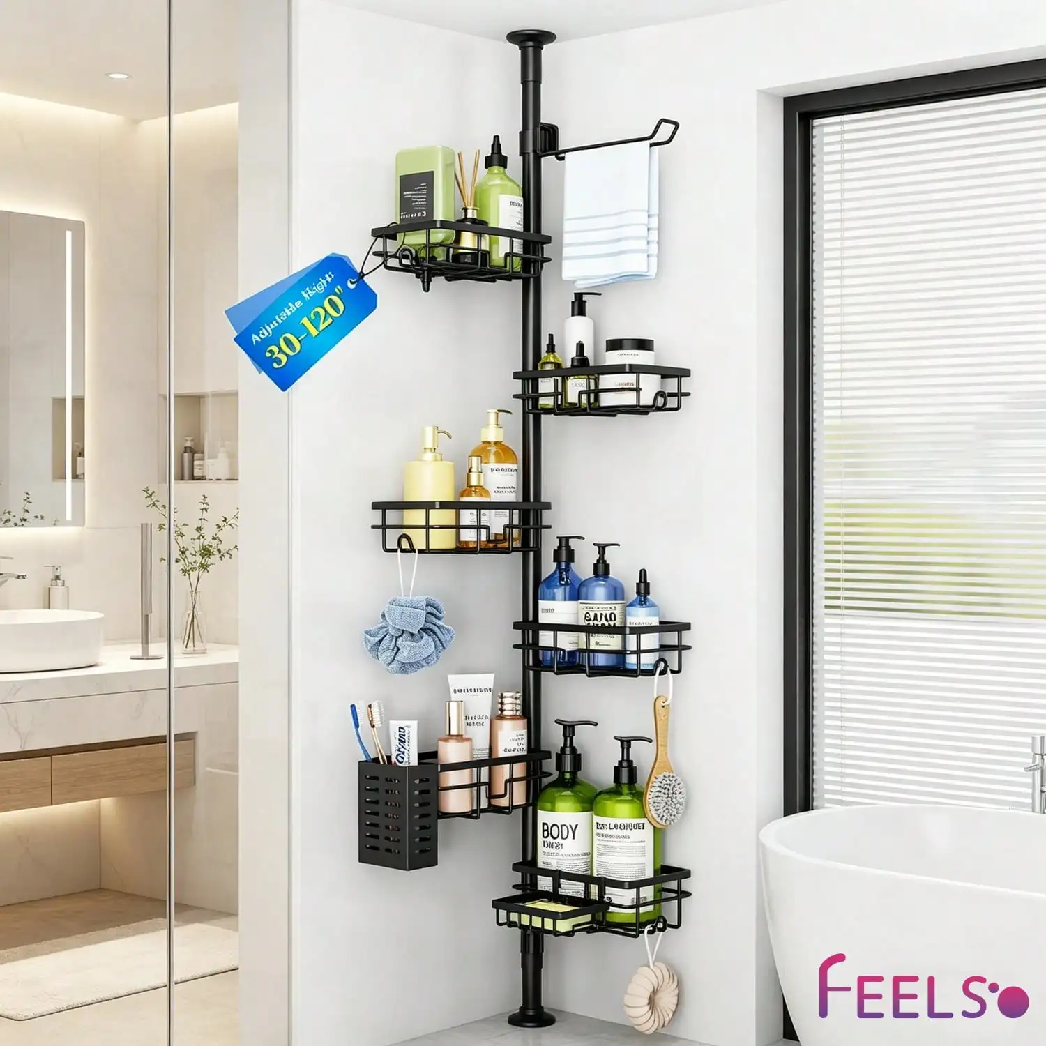 Corner Shower Caddy Tension Pole, Adjustable 30–120 Inch Bathroom Organizer Storage, Rustproof 6-Tier Shower Corner Shelves, Tow
