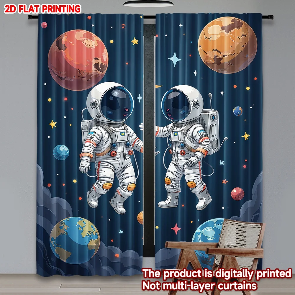 2D flat printing 2pcs Curtains Astronauts Floating in Space Digital Printed Polyester Drapes Festive Holiday for Holiday