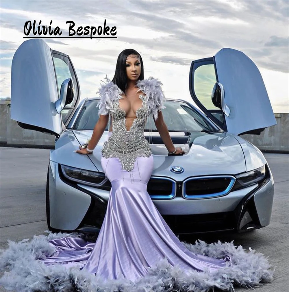 

Nice Purple Mermaid Prom Dresses Luxury Beaded Rhinestones Tassels Feathers African Wedding Dress Birthday Gown Customized