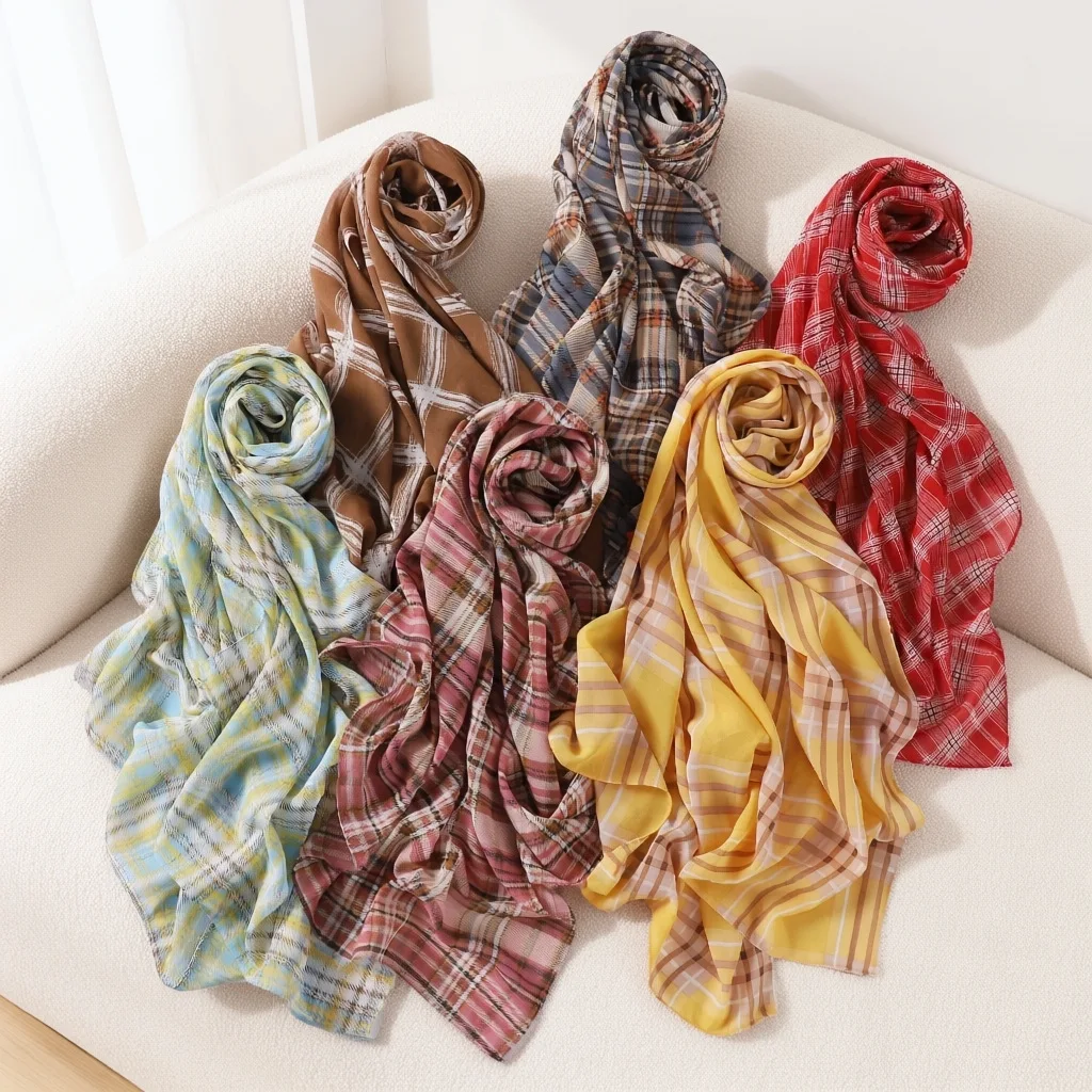 Summer Plaid Print Chiffon Scarf Shawl Wrap for Women Thin Lightweight Beach Sarong Air Conditioner Cover Scarf