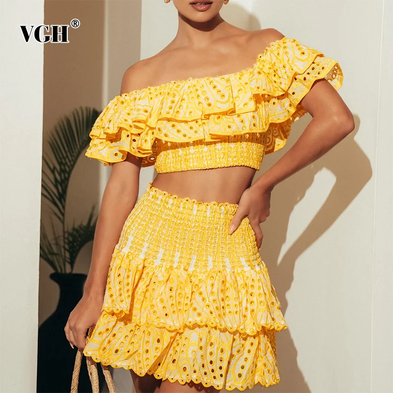 

VGH Hollow Out Two Piece Sets For Women Slash Neck Sleeveless Backless Tops High Waist A Line Skirts Sexy Set Female Summer New