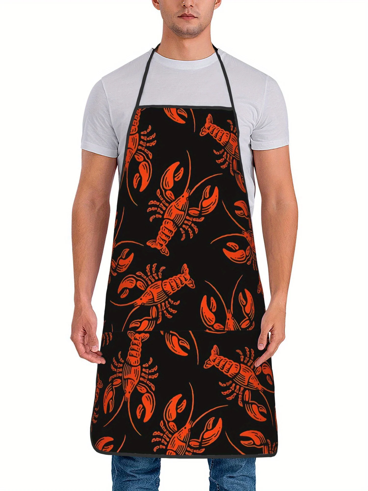 

Очаровательный фартук с принтом омара — винтажный стиль, полиэстер, черный с оранжевыми акцентами, идеально подходит для приготовления пищи и использования в ресторане