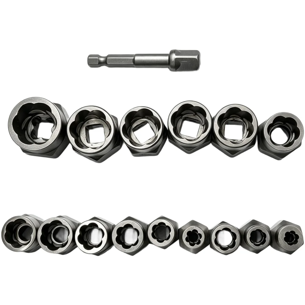 High Carbon Steel 15-Piece Nut Extractor Kit Featuring Reverse Thread Mechanism to Remove Stripped Nuts and Bolts Efficiently