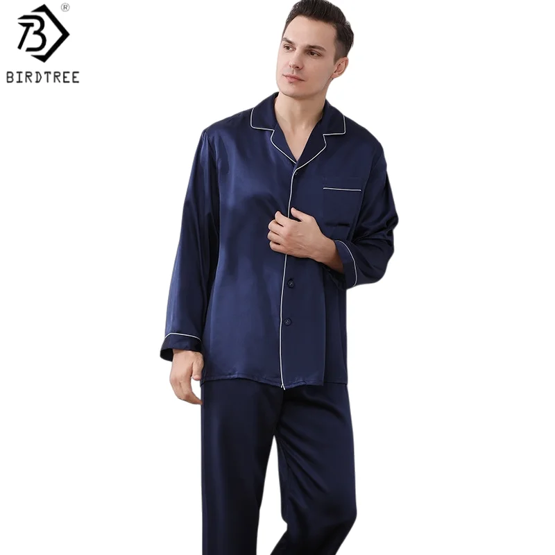 BirdTree,19MM 100% Real Silk Pajamas Set For Men,Full Sleeve Lapel Top Pants,Fashion Casual Homewear,2026 Spring New P61703JF