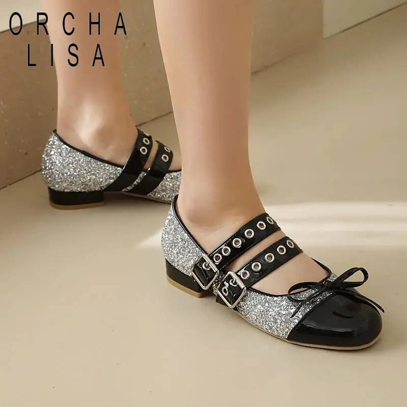 

ORCHA LISA Женские туфли-балетки с круглым носком, двойной пряжкой, разноцветные, с бантом-бабочкой и пайетками, большие размеры 46, 47, 48, милые туфли для свиданий
