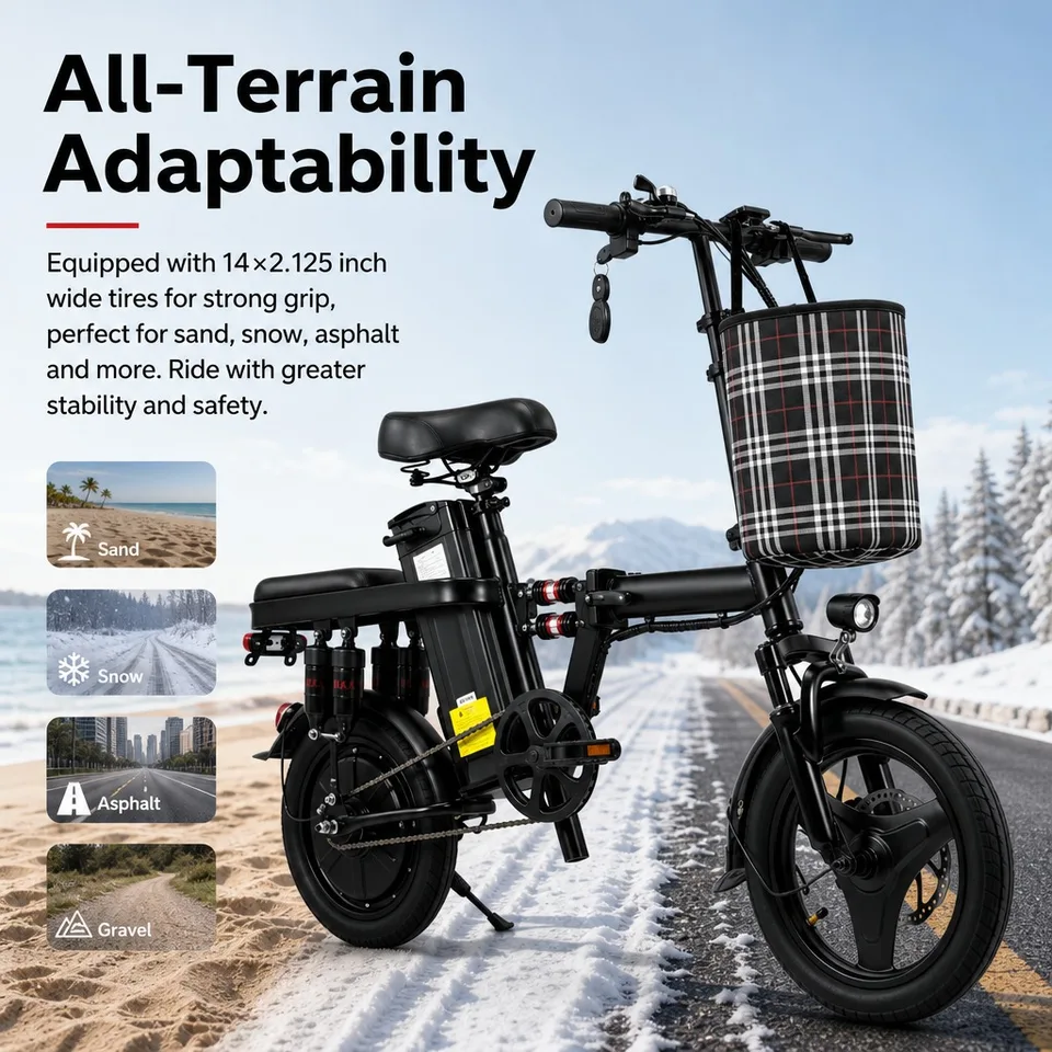 Foldable Electric Bike for Adults 500W 48V 15Ah 14" Tires 8 Shock Absorbers Portable Commuter E-Bicycle Folding Scooter image 6