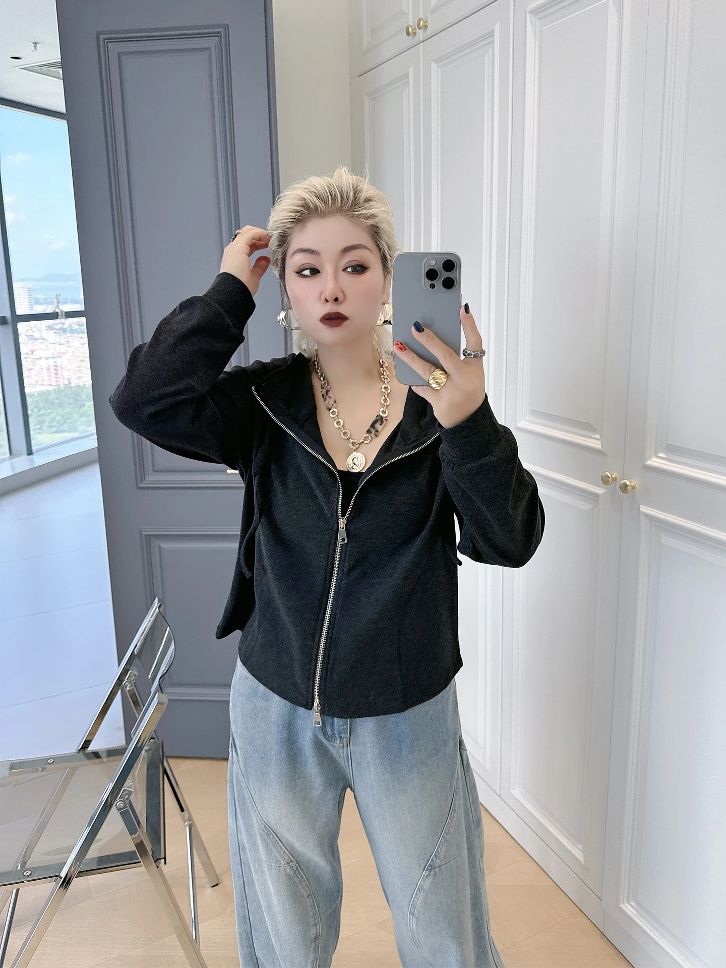 

Lazy Casual Hooded Open Cardigan plus Size Women's Pure Color Sweatshirt 200 Pounds Fat MM Anti-Aging Leisure Outerwear