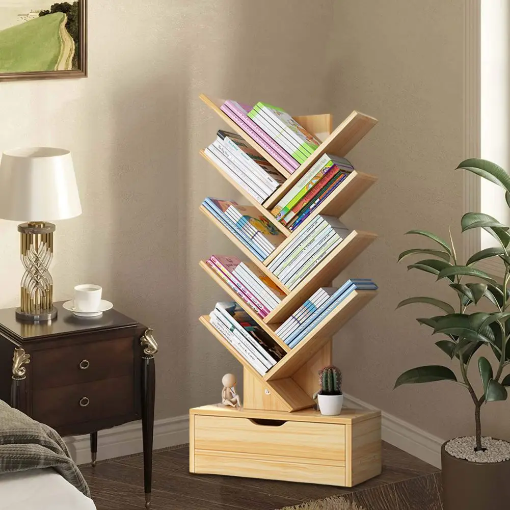 

Modern Book Shelf Floor Standing BookShelf with Drawer Book Storage 8-Tier Wooden Tree Bookshelf Tree Bookcase Living Room Decor