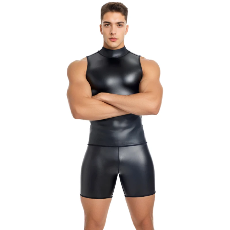 Cool guy Faux Leather Vest Stand collar Tank Top Sleeveless Shirt Waistcoats Body Shapers Slim Underwear Waist trainer Corsets