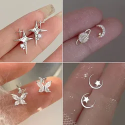 Trendy Silver Color Sparkling Star Zircon Stud Earrings for Women Girl Korean Butterfly Planet Earrings Jewellery Accessories