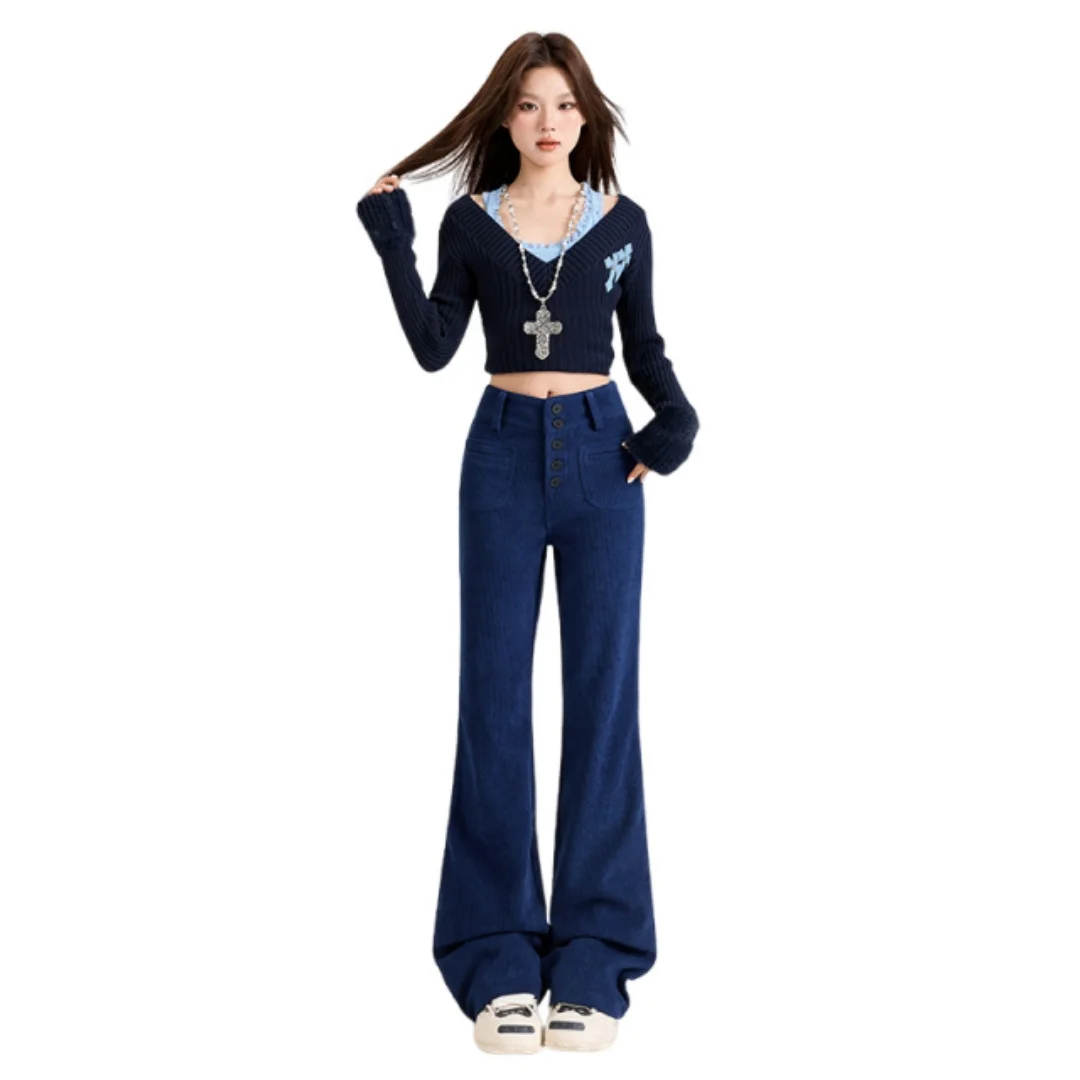 Francuskie spodnie retro z ciemnoniebieskiego sztruksu, lekko rozszerzane, dla kobiet na jesień i zimę 2025, małe i ekskluzywne długie spodnie.