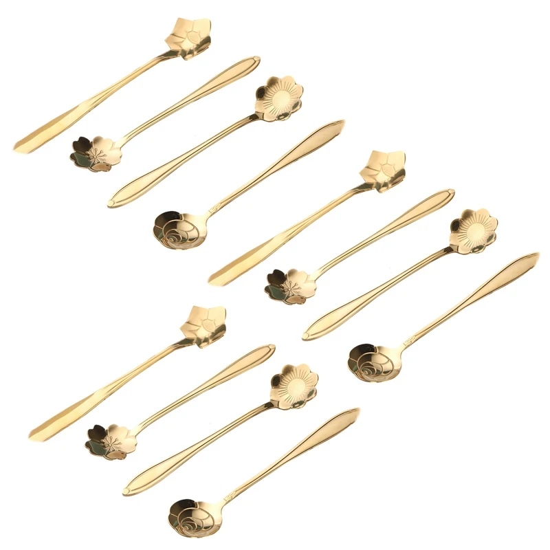 

12Pcs Cute Stainless Steel Flower Teaspoon Dessert Coffee Spoon Golden Sakura Rose Spoon