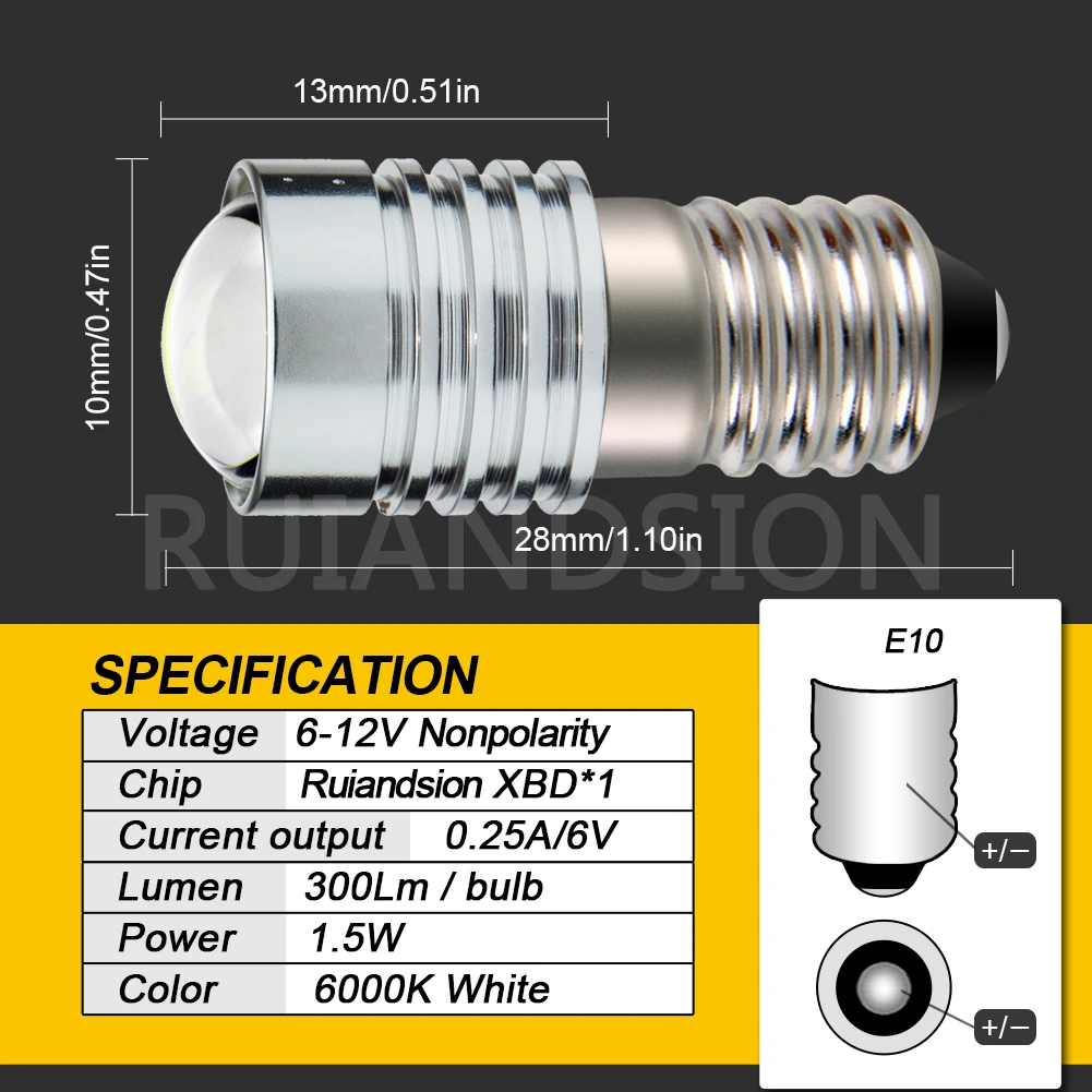 Ruiandsion 1Pcs 5W E10 Screw Base Replacement LED Torch Flashlight 6V-12V Outdoor Bulb Working Tool Lights 6000K Spotlight Lamps