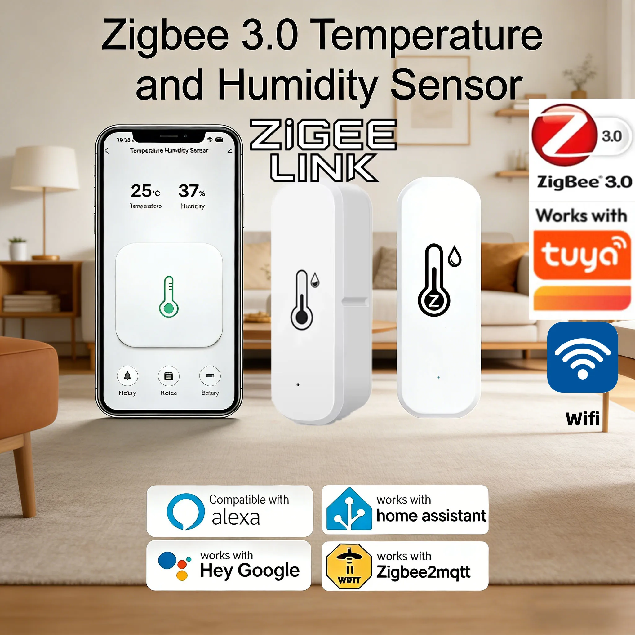 WiFi Zigbee Temperature Humidity Sensor Thermometer Hygrometer APP Remote Alarm for TUYA Zigbee2mqtt Alexa Home Assistant Alice