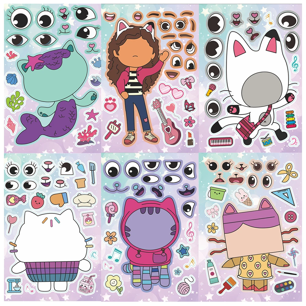 

6/12Sheets Gabby's Dollhouse Make A Face Puzzle Stickers Kids Make Your Own DIY Game Children Cartoon Jigsaw Education Toys Gift