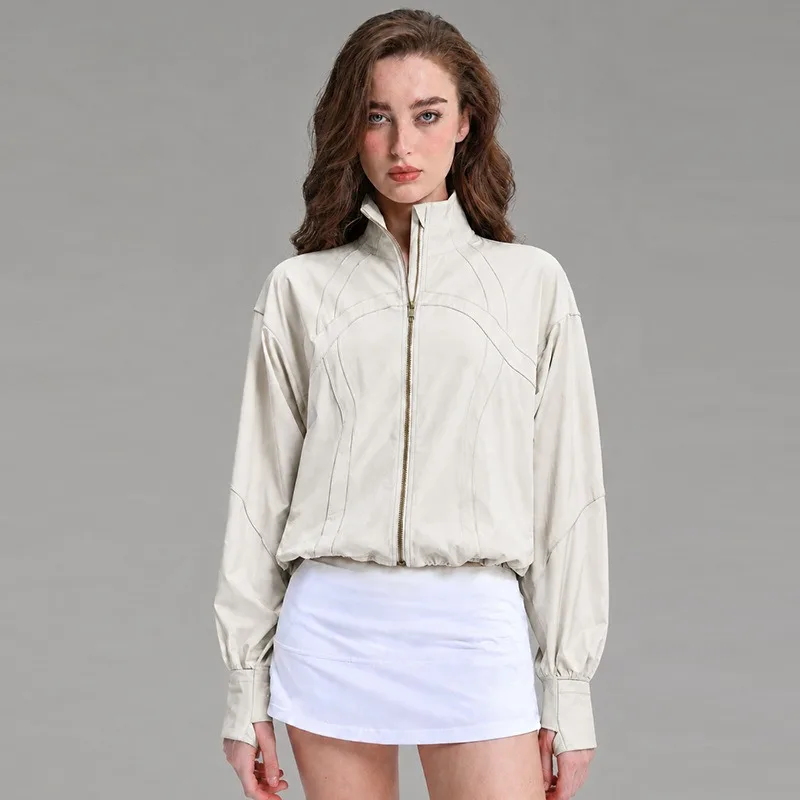 Outdoor Stand Collar Hiking Windproof Jacket Women Loose Casual Hem Drawstring Sports Fitness Jacket Spring Autumn Coat