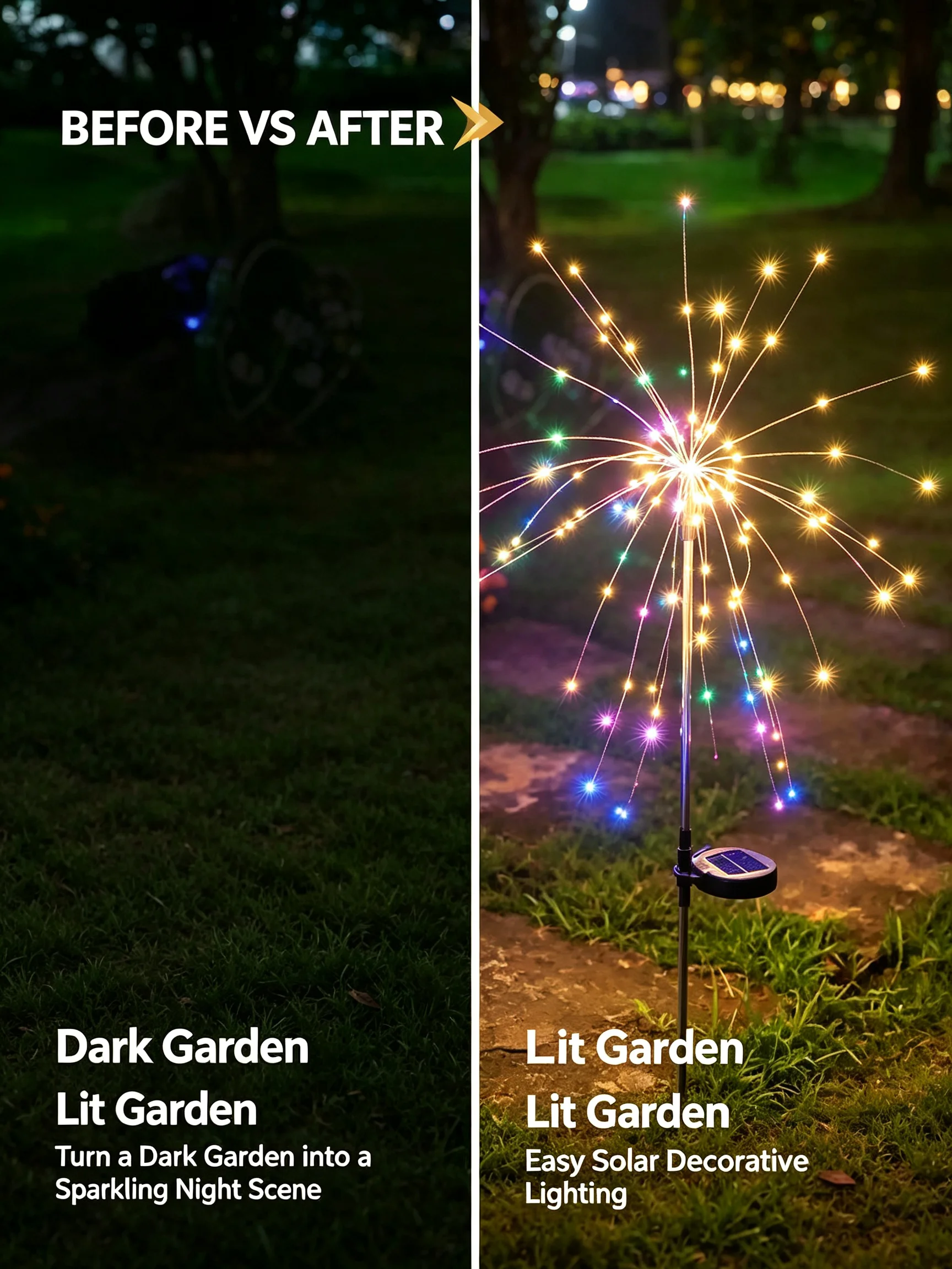 2 Pack Solar Firework Lights Outdoor, LED Starburst Ground Stake Lamp, Waterproof 8 Modes Solar Powered String Light for Garden