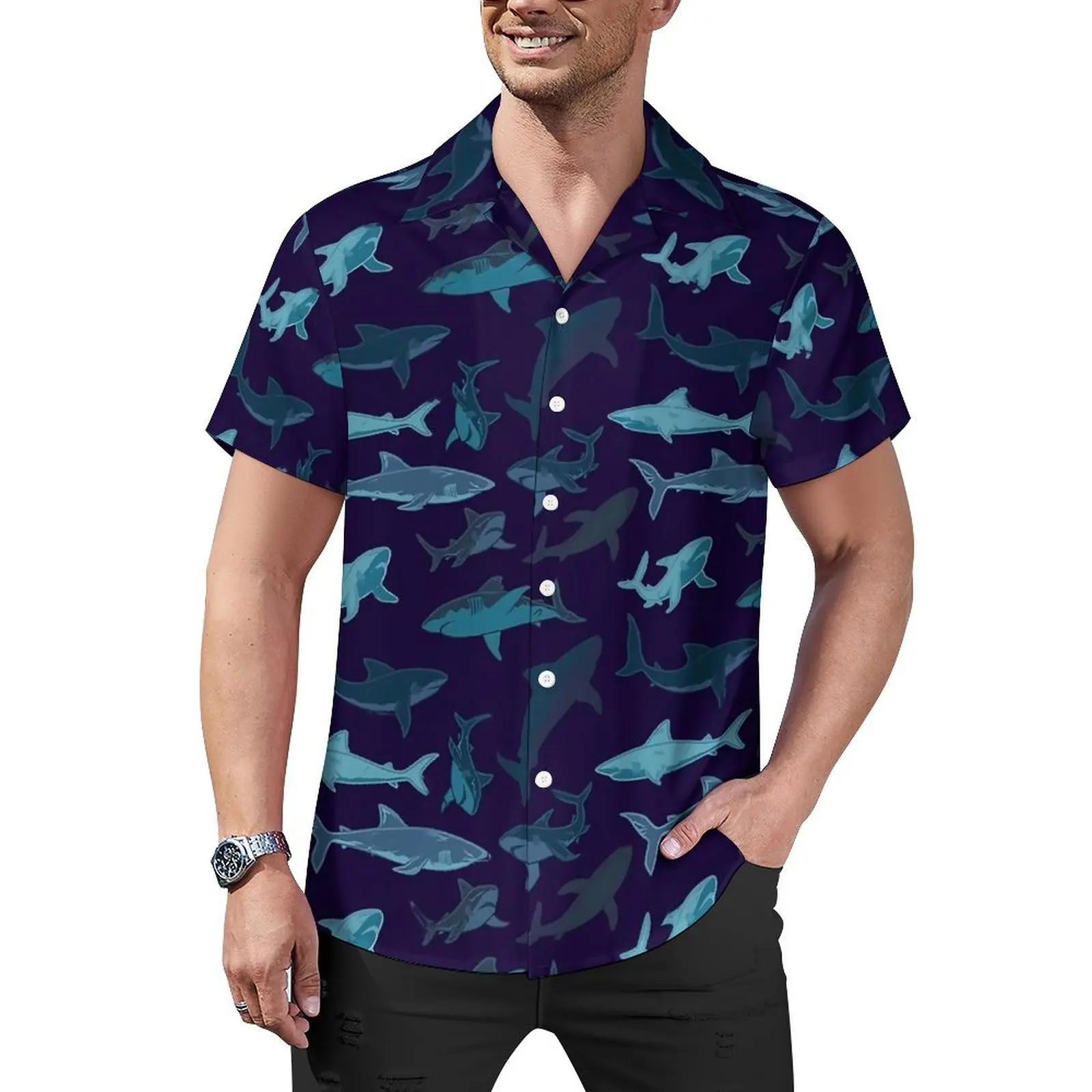 

Blue Sharks Vacation Shirt Camo Camouflage Hawaiian Casual Shirts Men Trendy Blouses Short-Sleeved Streetwear Graphic Clothes