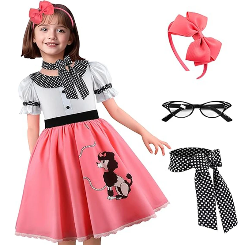 Mädchen Partykleid Sommer 1950er Jahre Polka Dot Pudelrock Kostüm Mädchen Halloween Karneval Outfit mit Schal Stirnband Brillensets