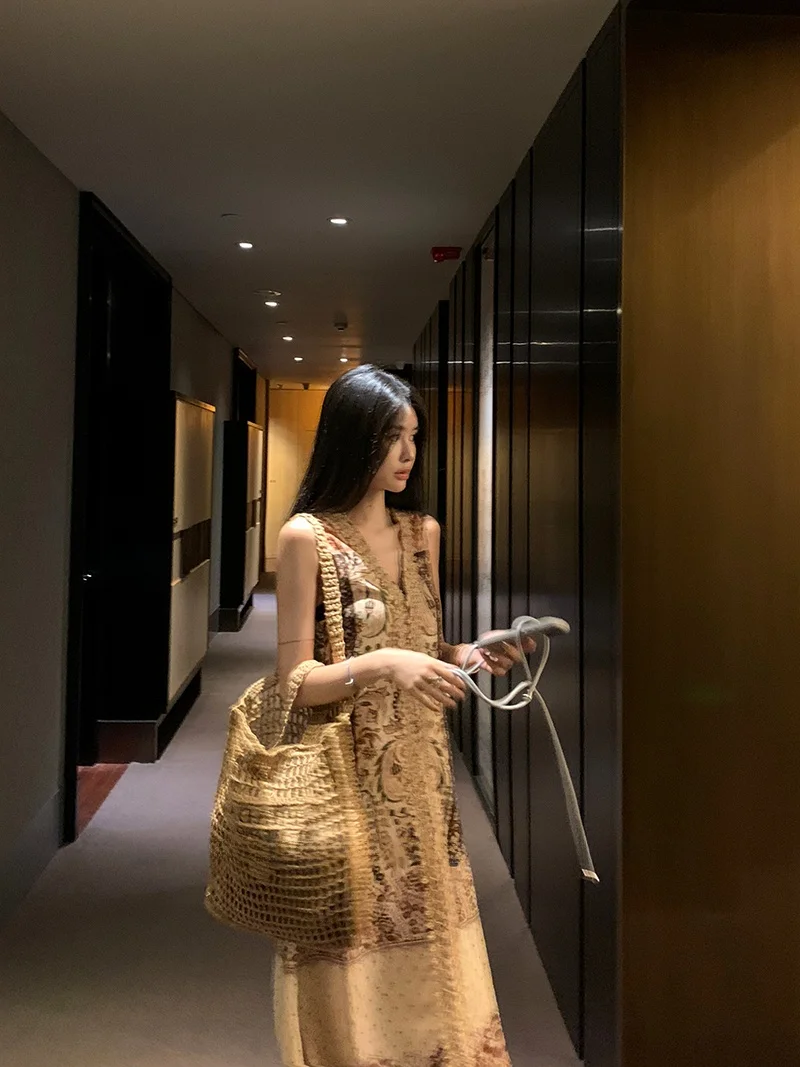 Vaion Sle Bloemenprint V-Ne Dames Dr Strandrok Lange Svel Jurk Hoge Taille en Etnische Zomer Faion