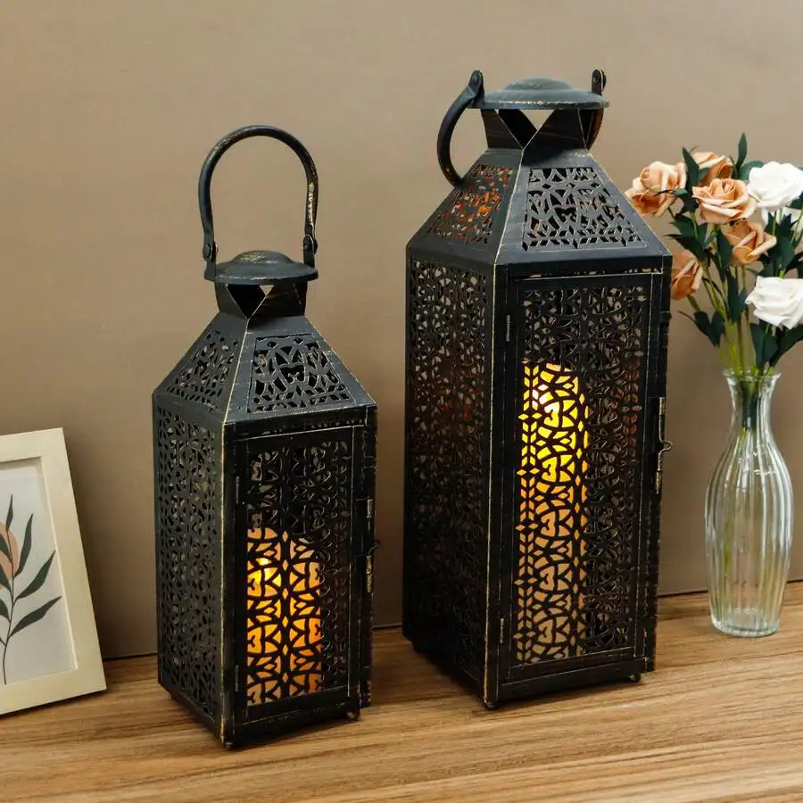 Set Of 2 Vintage Candle Lanterns Moroccan Decorative Metal Candle Holders With Hollow For Garden Porch Shelf Indoor Outdoor Part