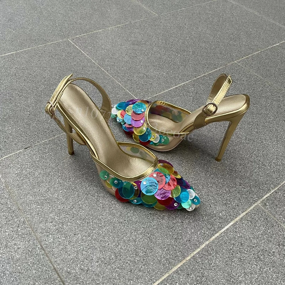 

Colorful Sequins Ankle Strap Pumps Gold Matte Leather Shoes for Women Thin High Heels Fashion Shoes 2025 Zapatos Para Mujere