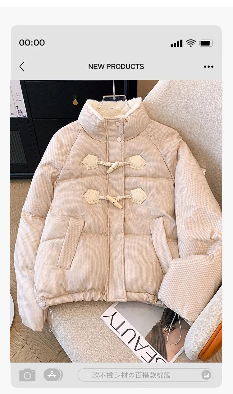 Veste courte en coton épaissi pour femme avec bouton en corne de vache, parkas d'hiver chaudes, JxJacket