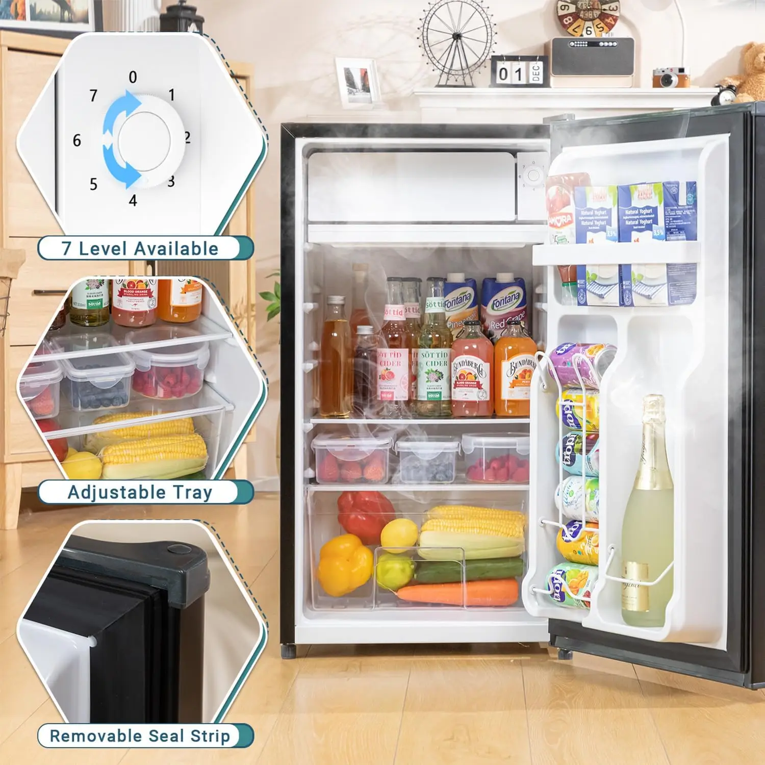 Mini refrigerador de porta única com freezer, termostato ajustável, economia de energia, mini geladeira para quarto, 3,2 Cu. ft