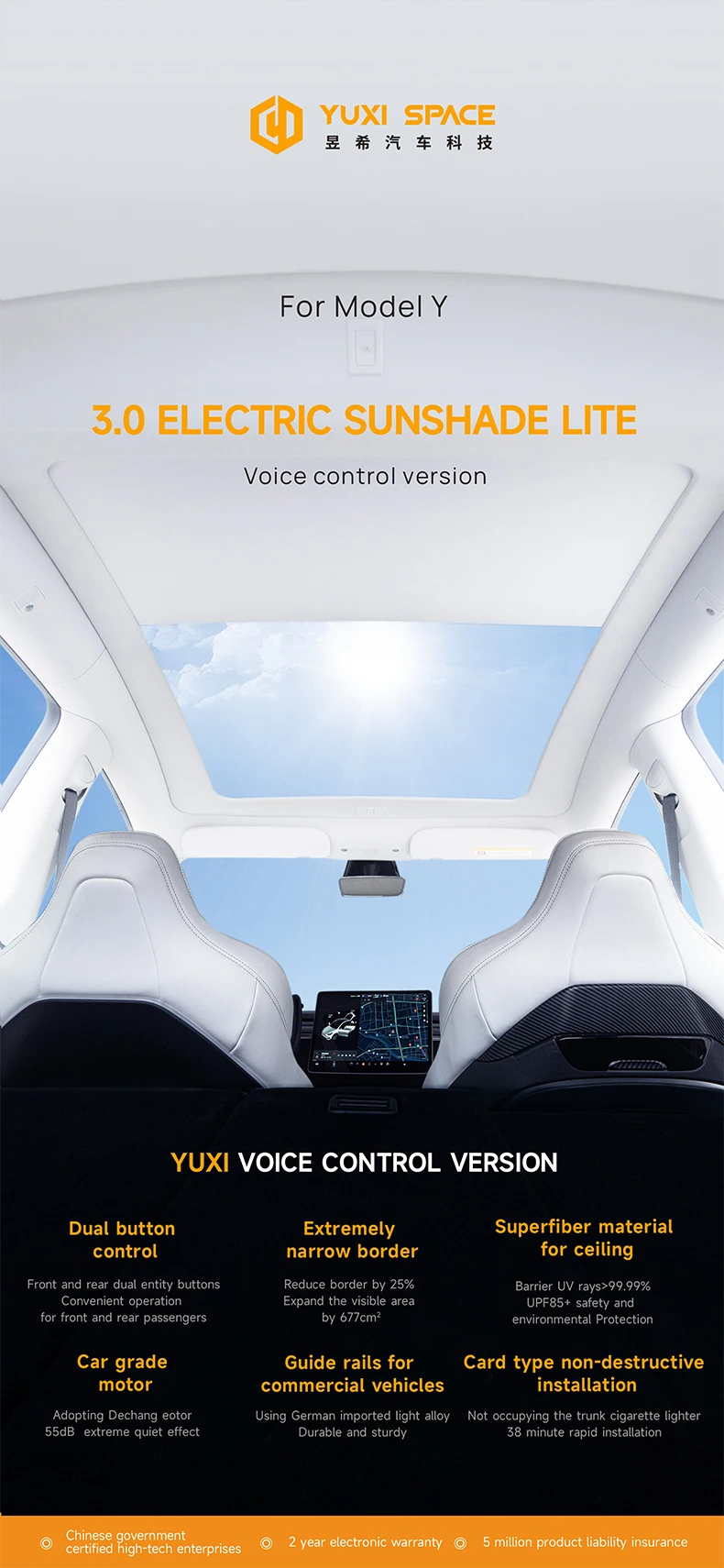 YUXI Electric Sunshade Curtain for Model Y Juniper Interior Roof Window Voice Control Dual Front Rear Switch Control