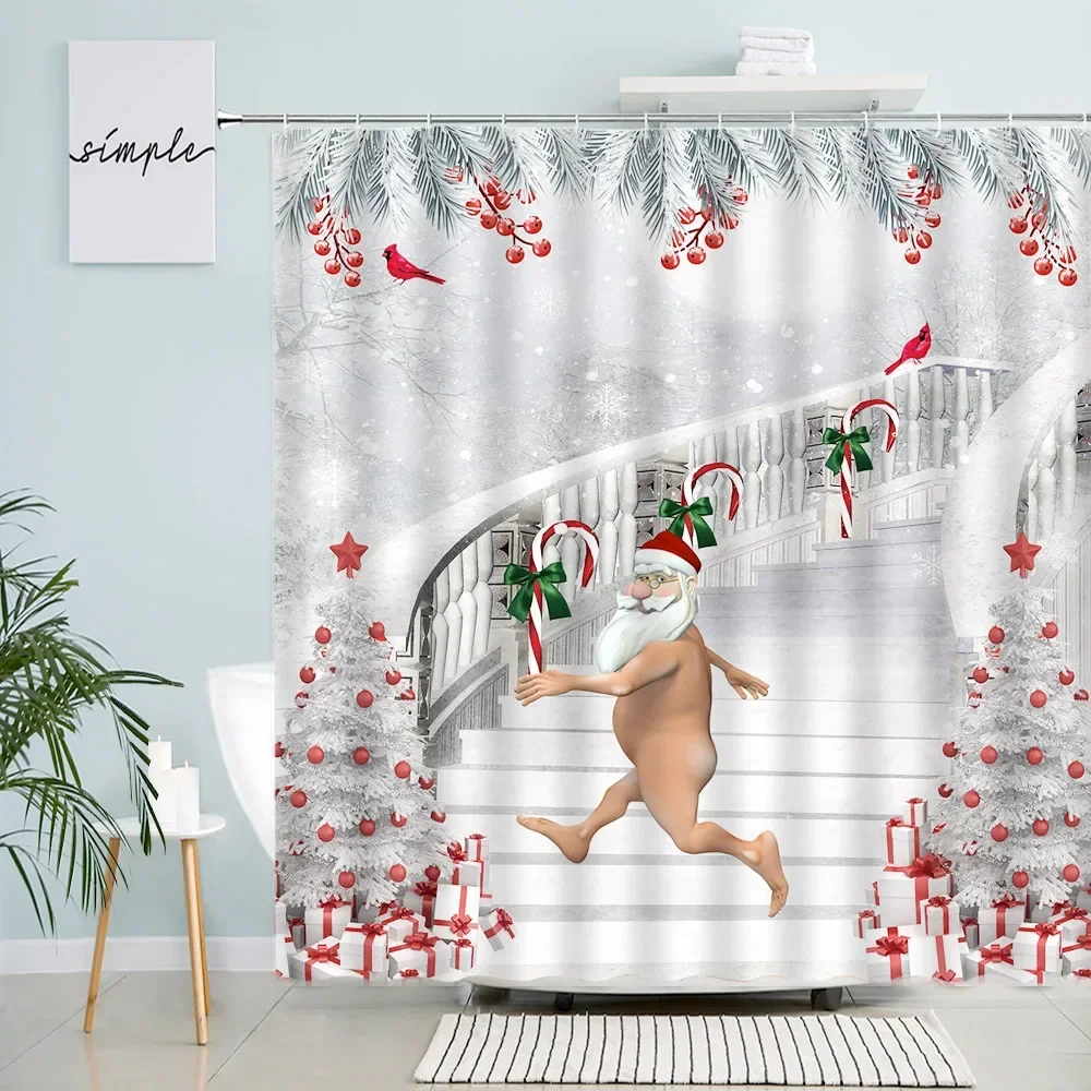 Christmas Shower Curtains Funny Santa Claus Xmas Tree Fir Branch Red Berry Birds New Year Fabric Bathroom Decor Bath Curtain Set