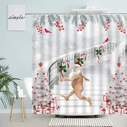 Christmas Shower Curtains Funny Santa Claus Xmas Tree Fir Branch Red Berry Birds New Year Fabric Bathroom Decor Bath Curtain Set