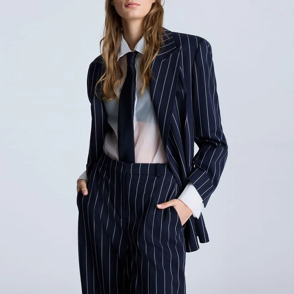 Navy Stripe Women Suits High Quality Banquet Business Special Occasion 2 Pieces Jacket Pant Customize Female Clothing 2025
