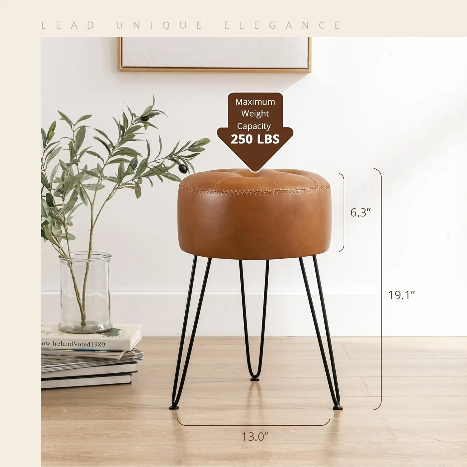 Faux Leather Vanity Stool Chair for Makeup Room，Brown Stool for Vanity, Tufted Small Vanity Chair Stool with Metal Legs