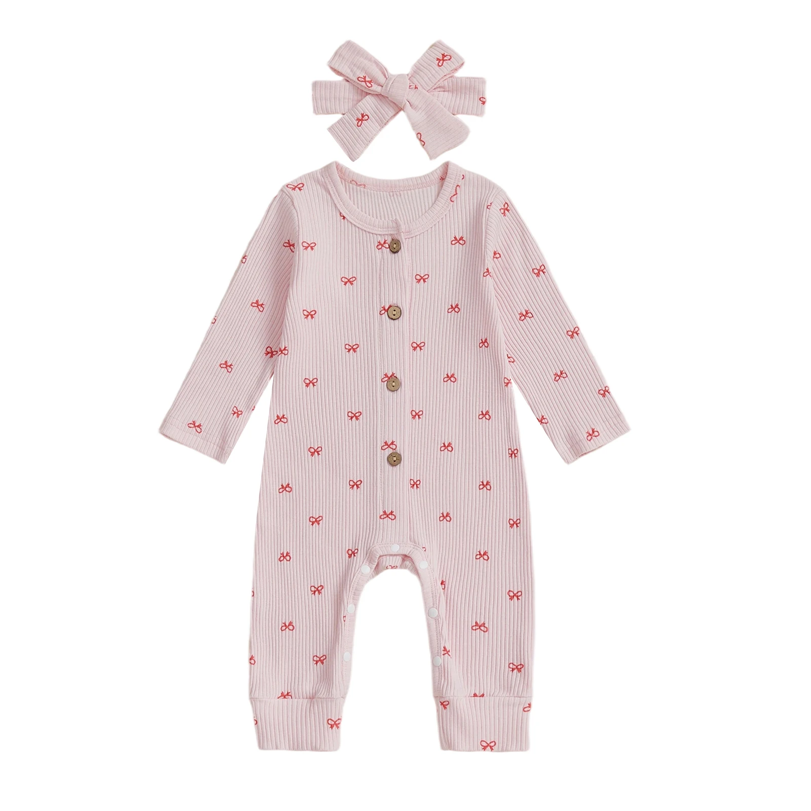 

Baby Girls Fall Romper Bow Print Long Sleeve Round Neck Full Length Jumpsuit with Bow Headband