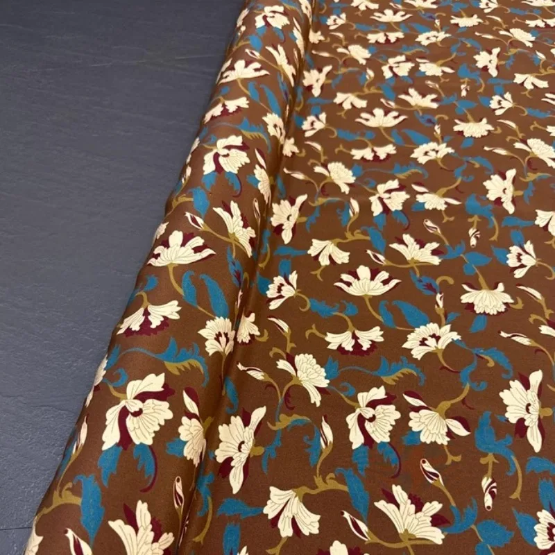 Thin Brown Silk Crepe de Chine Fabric with White Blue Floral for DIY Sewing Summer Dress Pants Skirt Pajamas Silk Fabric R2525 view 4