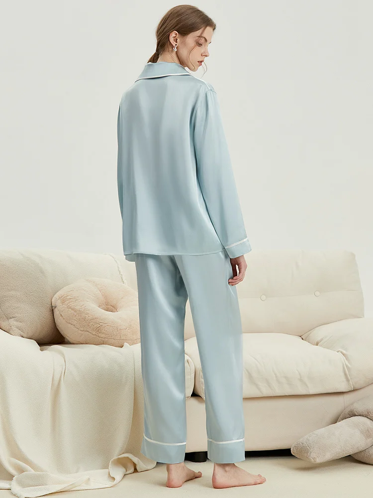 100% Silk Pajama Sets For Women Simple French Style Light Blue Loungewear Ins Popular Luxury Home Sleepwear Leisure Clothing