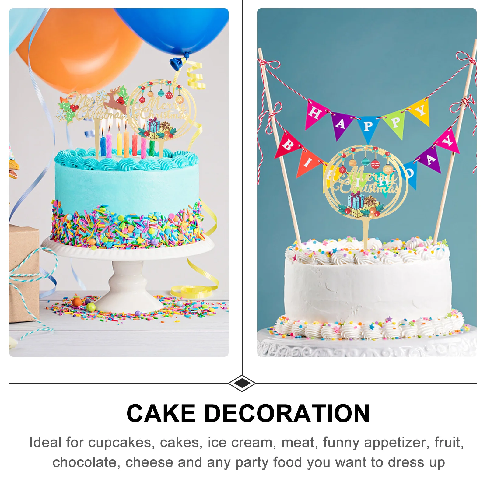 

2pcs Cake Insert Picks Food Grade Merry Christmas Letters Themed Decorations Set Cartoon 3D Pattern Bright Topper