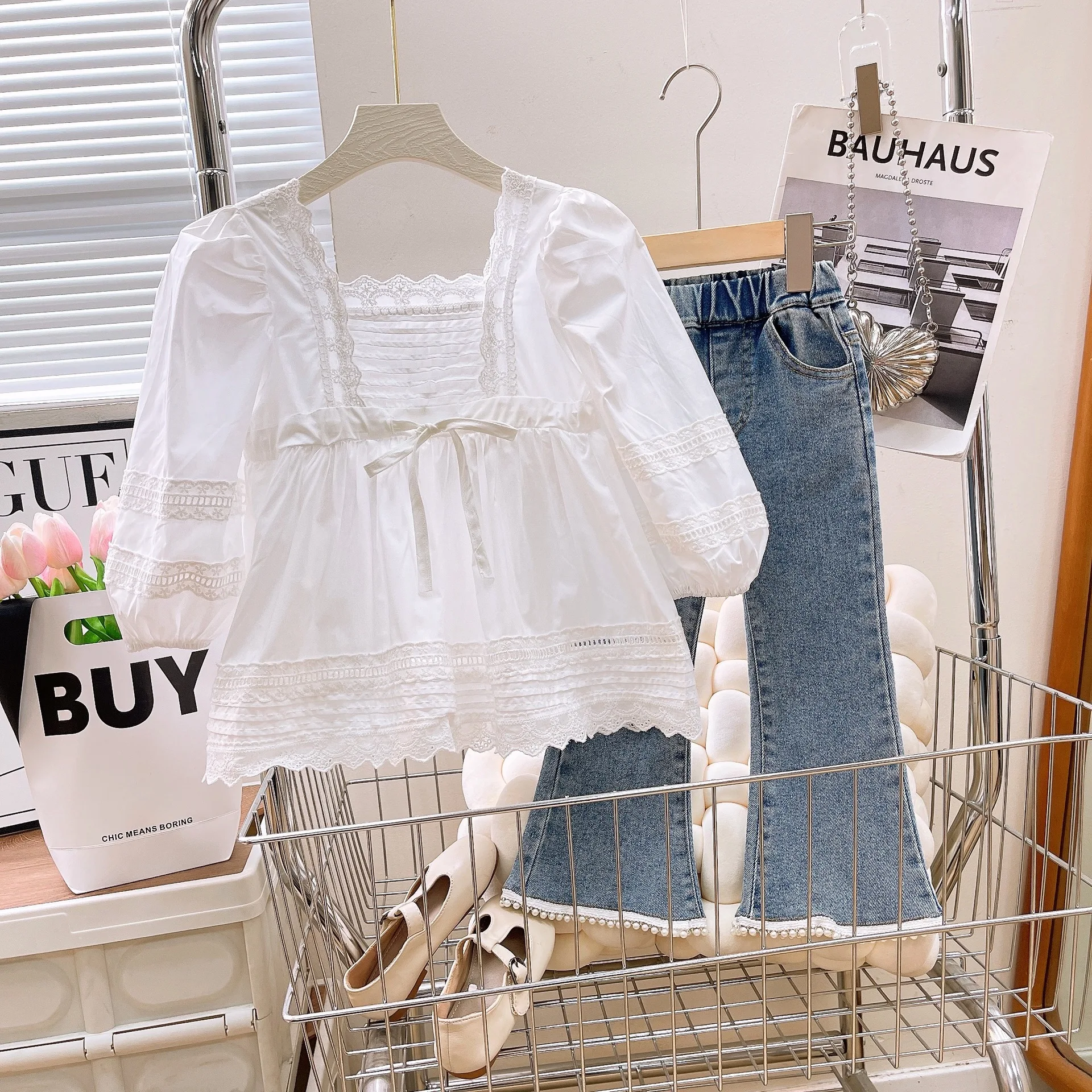 White bow Chest crease Lace blouse +Lace-cut jeans Solid color casual suit for girls in autumn kids boutique clothes