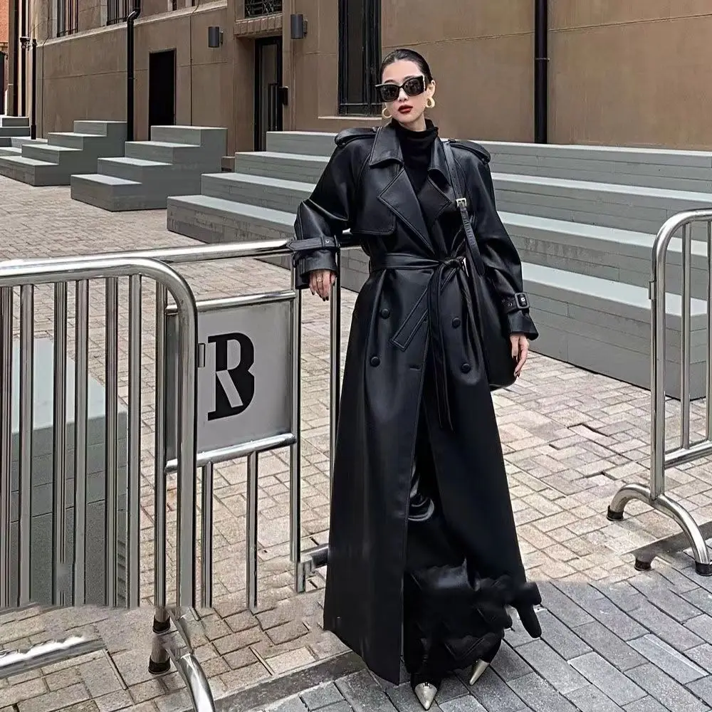 

Luxury High Quality Spring Autumn Long Oversized Black Leather Trench Coat Women's PU Leather Jacket Lapel Belt Double-Breasted